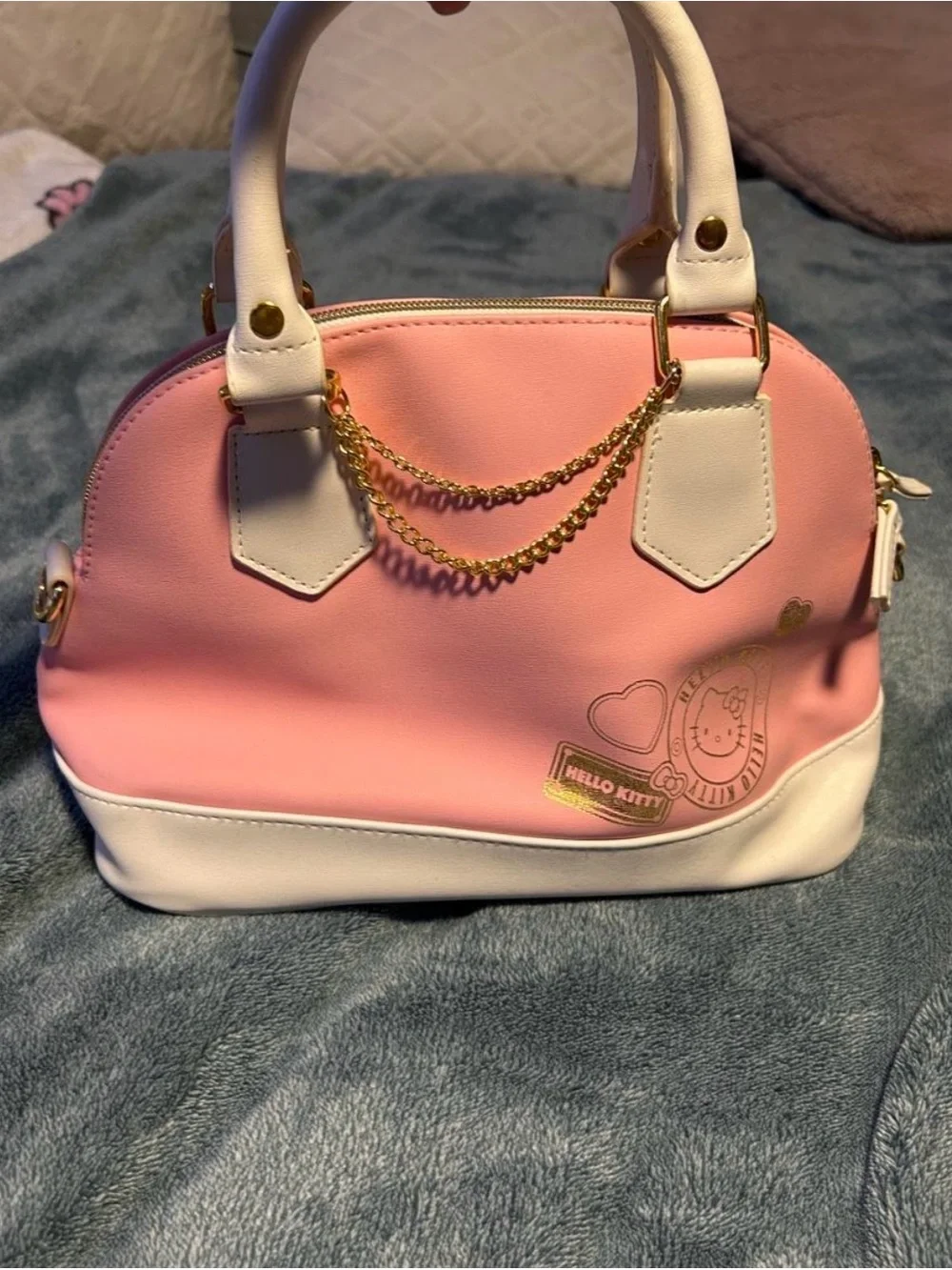 Hello Kitty Pink and White Dome Satchel with Gold Chain Accents